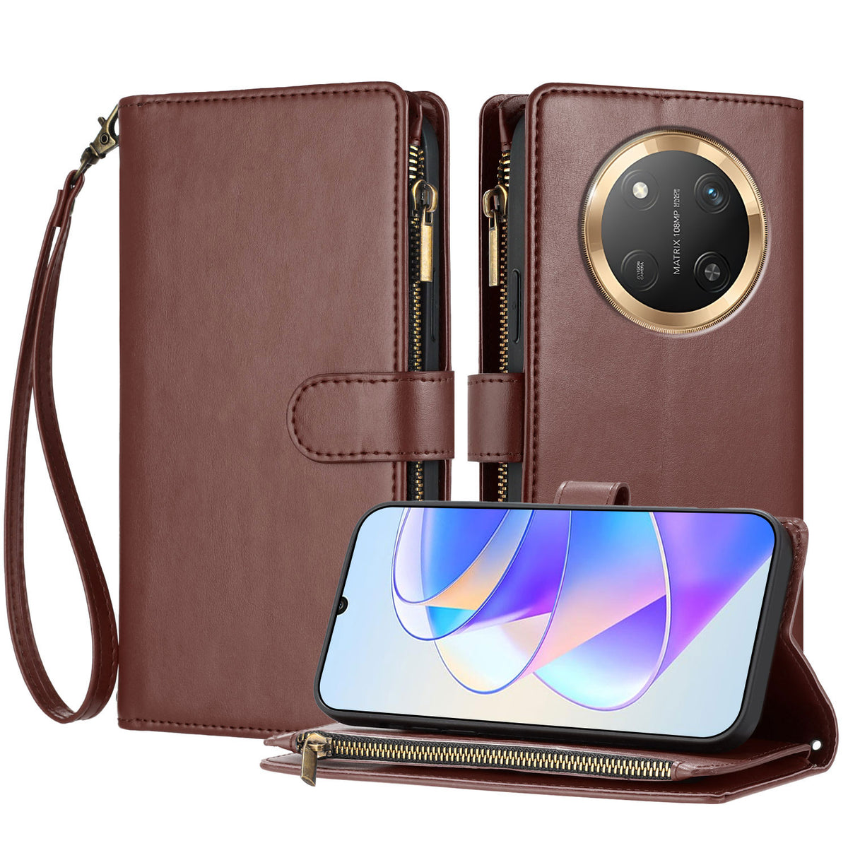 For Honor Magic7 Lite 5G / Honor X9c 5G Leather Case Zipper Wallet Stand Shockproof Phone Cover with Wrist Strap