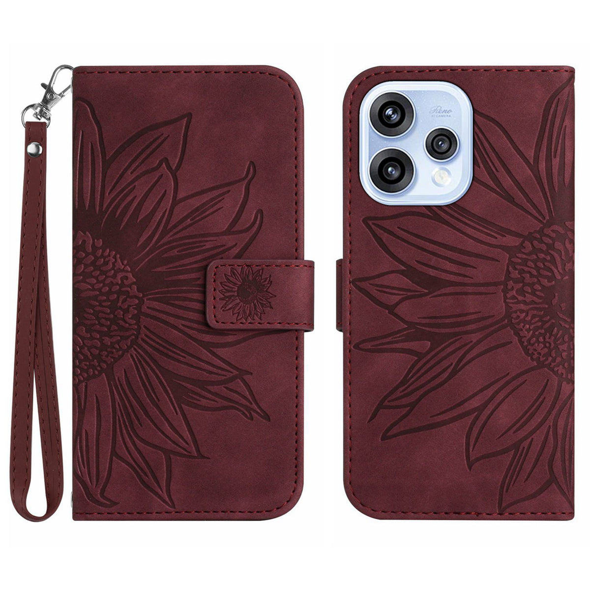 For Oppo Reno15 5G (Global) Case Sunflower Imprint Leather Wallet Phone Cover with Wrist Strap