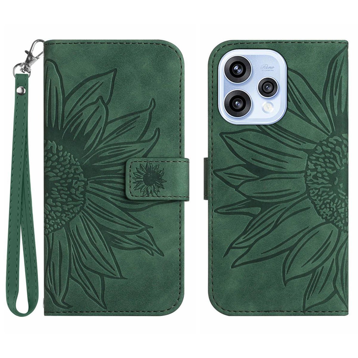 For Oppo Reno15 5G (Global) Case Sunflower Imprint Leather Wallet Phone Cover with Wrist Strap