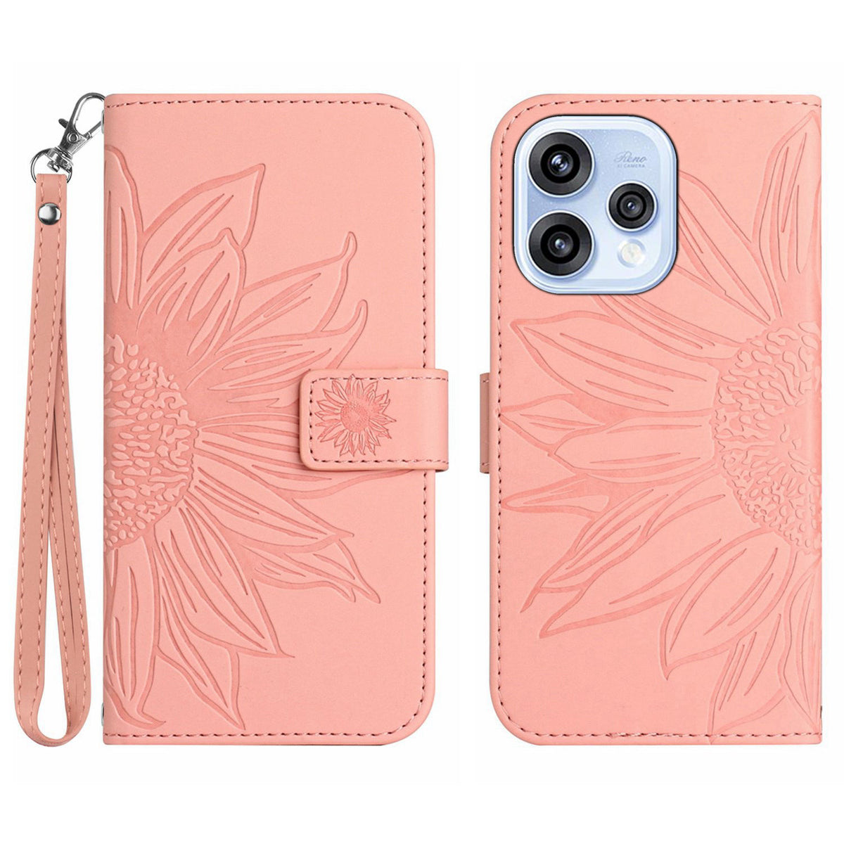 For Oppo Reno15 5G (Global) Case Sunflower Imprint Leather Wallet Phone Cover with Wrist Strap