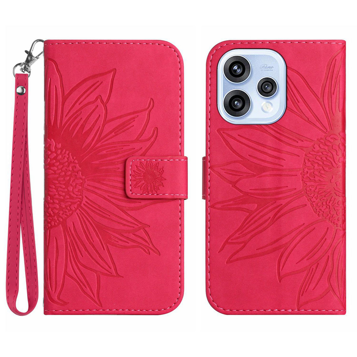 For Oppo Reno15 5G (Global) Case Sunflower Imprint Leather Wallet Phone Cover with Wrist Strap