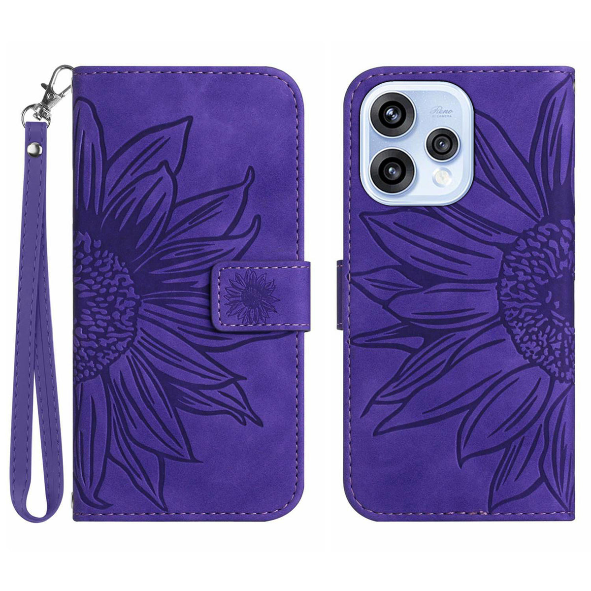 For Oppo Reno15 5G (Global) Case Sunflower Imprint Leather Wallet Phone Cover with Wrist Strap