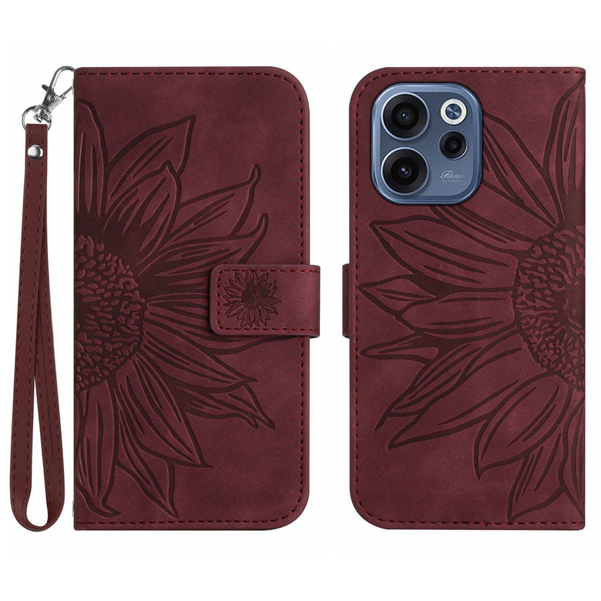 For Oppo Reno15 F 5G Case Sunflower Imprint Leather Wallet Phone Cover with Wrist Strap