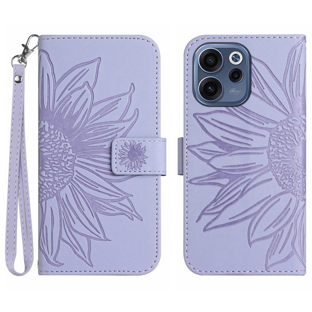 For Oppo Reno15 F 5G Case Sunflower Imprint Leather Wallet Phone Cover with Wrist Strap