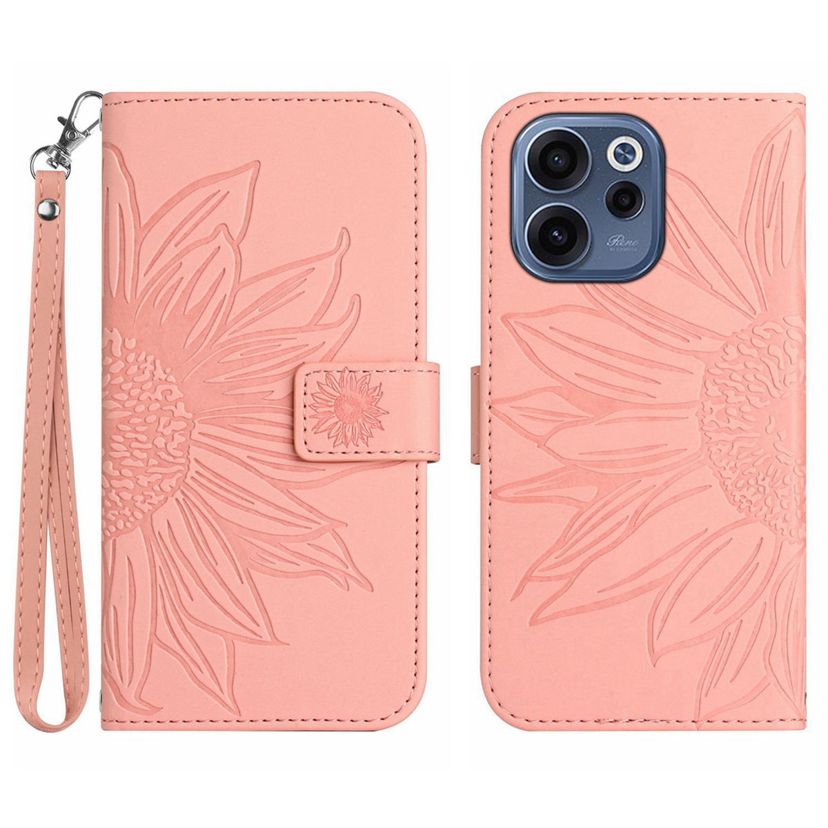For Oppo Reno15 F 5G Case Sunflower Imprint Leather Wallet Phone Cover with Wrist Strap