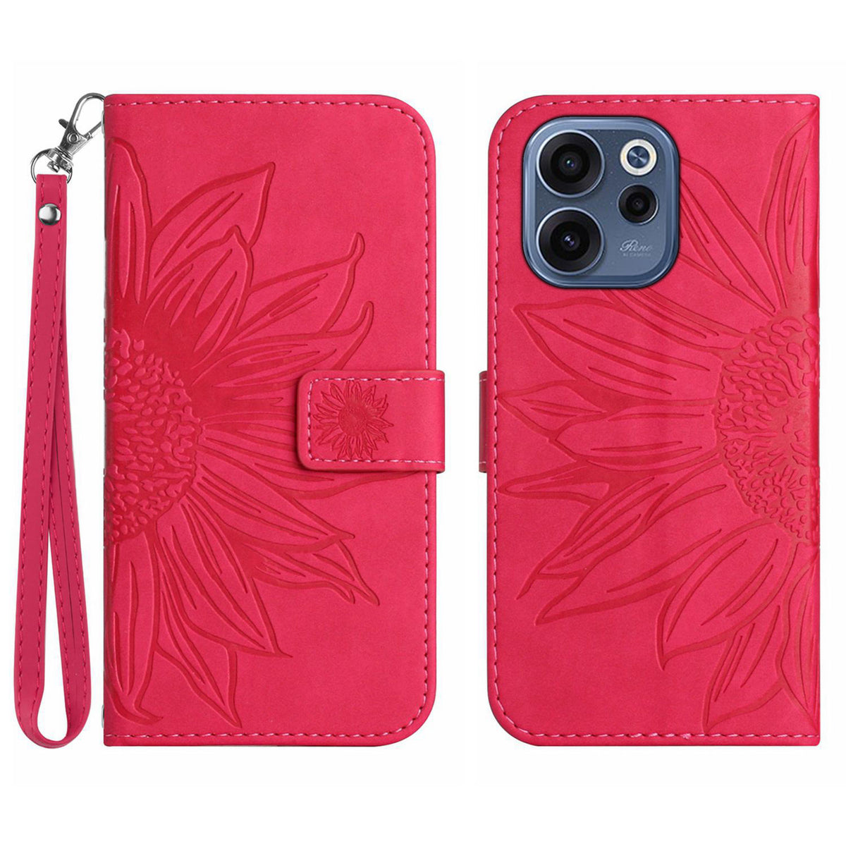 For Oppo Reno15 F 5G Case Sunflower Imprint Leather Wallet Phone Cover with Wrist Strap