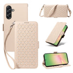 For Samsung Galaxy M56 5G / Galaxy A56 5G Leather Case Rhinestone Decor Rhombus Pattern Wallet Stand Flip Phone Cover with Straps