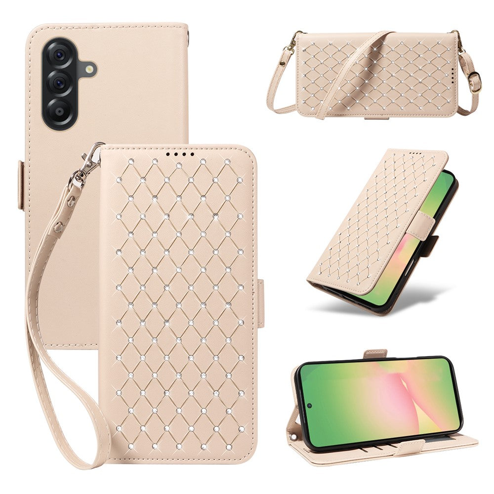 For Samsung Galaxy M56 5G / Galaxy A56 5G Leather Case Rhinestone Decor Rhombus Pattern Wallet Stand Flip Phone Cover with Straps