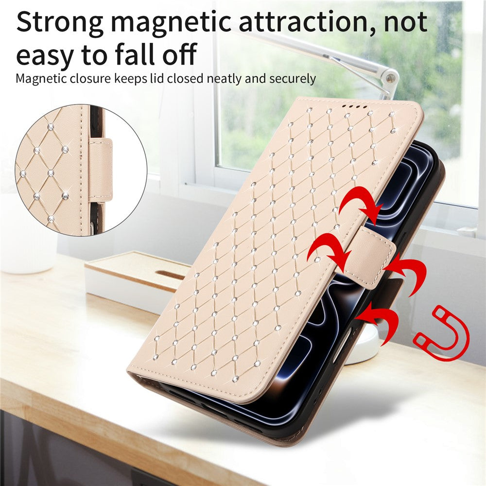 For Samsung Galaxy M56 5G / Galaxy A56 5G Leather Case Rhinestone Decor Rhombus Pattern Wallet Stand Flip Phone Cover with Straps