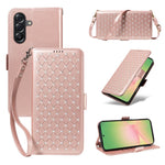For Samsung Galaxy M56 5G / Galaxy A56 5G Leather Case Rhinestone Decor Rhombus Pattern Wallet Stand Flip Phone Cover with Straps