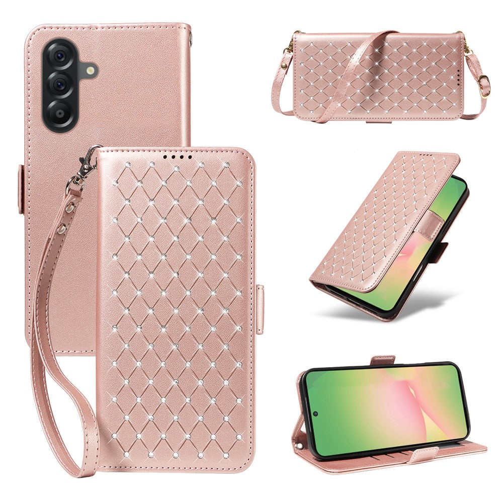 For Samsung Galaxy M56 5G / Galaxy A56 5G Leather Case Rhinestone Decor Rhombus Pattern Wallet Stand Flip Phone Cover with Straps