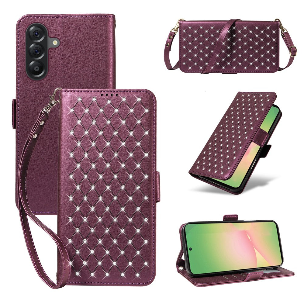 For Samsung Galaxy M56 5G / Galaxy A56 5G Leather Case Rhinestone Decor Rhombus Pattern Wallet Stand Flip Phone Cover with Straps