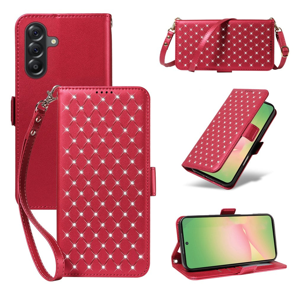 For Samsung Galaxy M56 5G / Galaxy A56 5G Leather Case Rhinestone Decor Rhombus Pattern Wallet Stand Flip Phone Cover with Straps