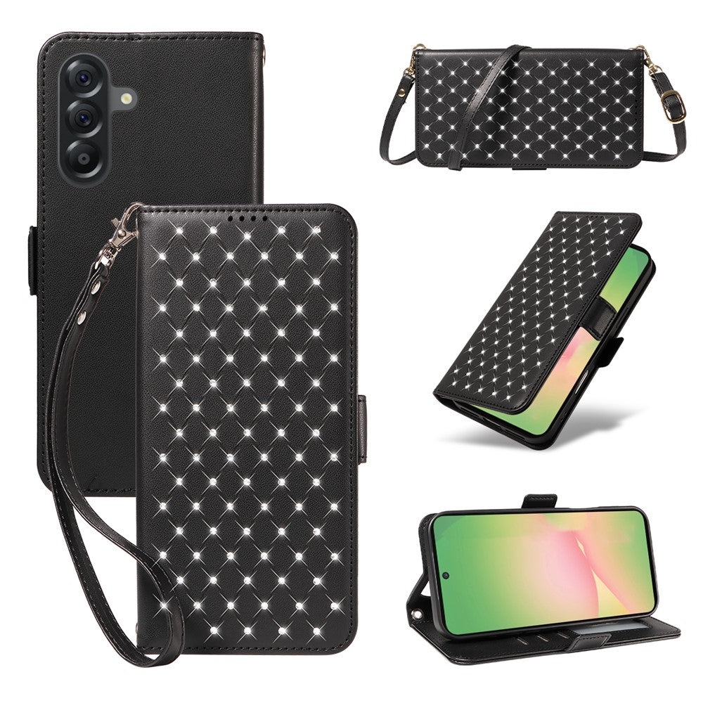 For Samsung Galaxy M56 5G / Galaxy A56 5G Leather Case Rhinestone Decor Rhombus Pattern Wallet Stand Flip Phone Cover with Straps