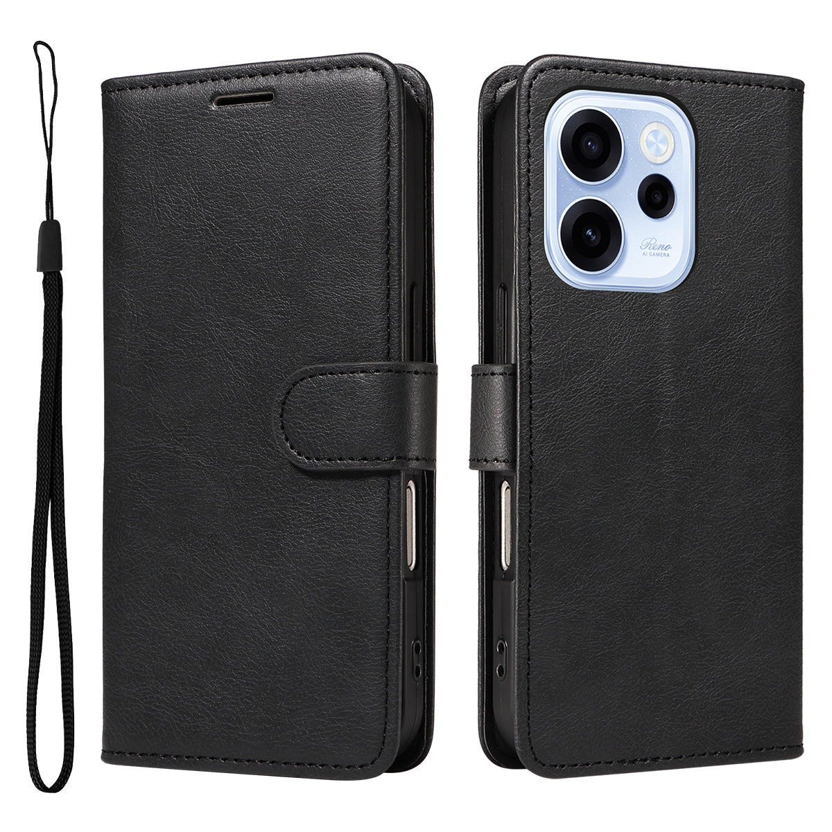 For Oppo Reno15 F 5G Leather Wallet Case with Strap Solid Color Phone Stand Cover