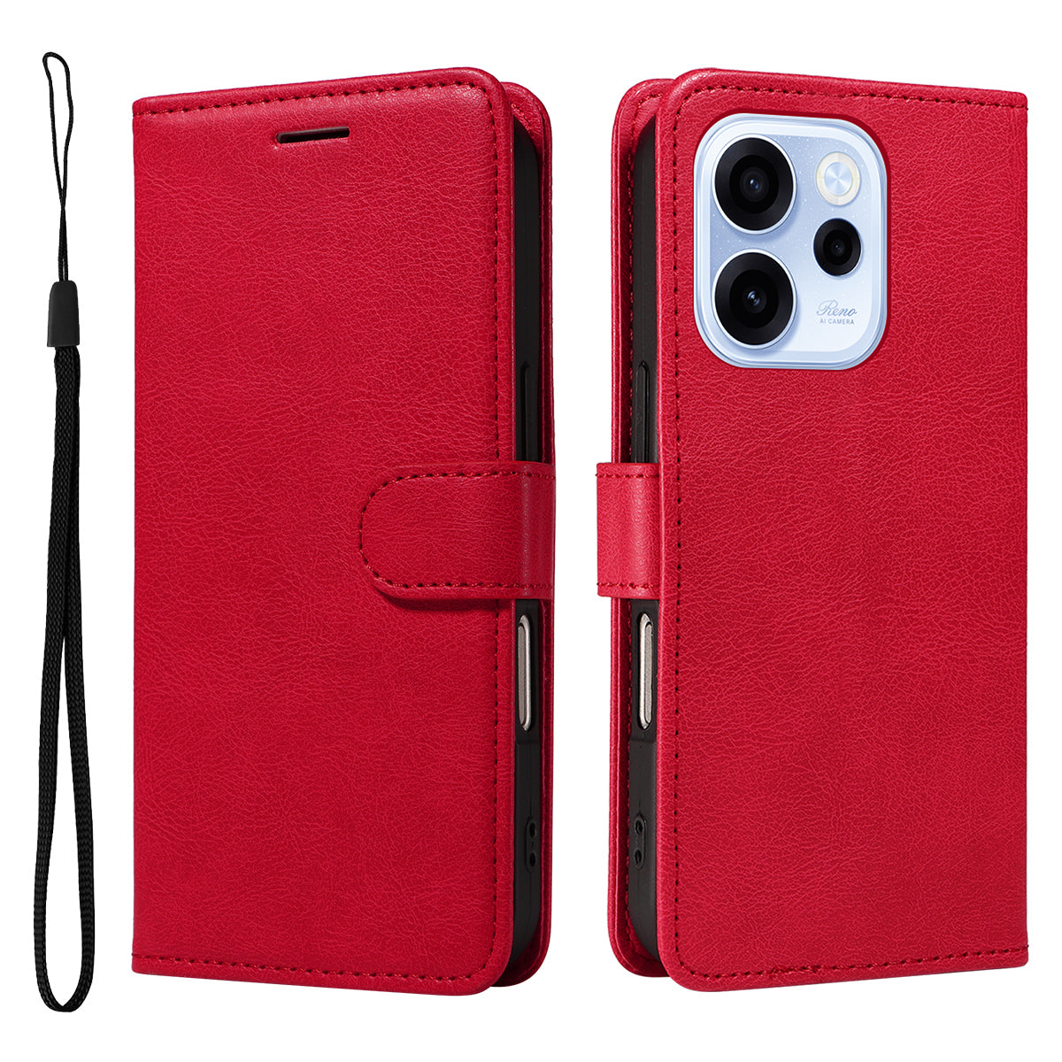 For Oppo Reno15 F 5G Leather Wallet Case with Strap Solid Color Phone Stand Cover