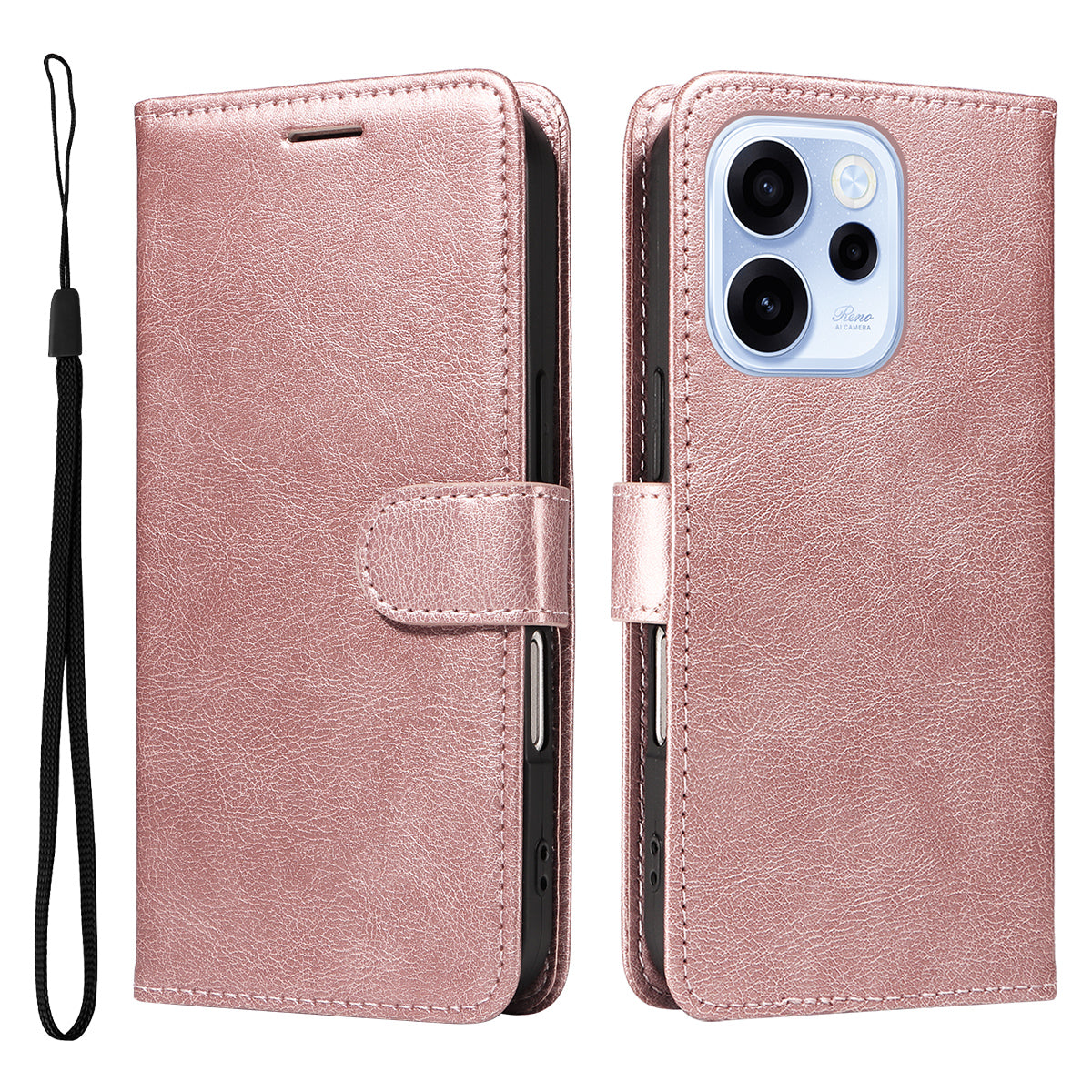 For Oppo Reno15 F 5G Leather Wallet Case with Strap Solid Color Phone Stand Cover