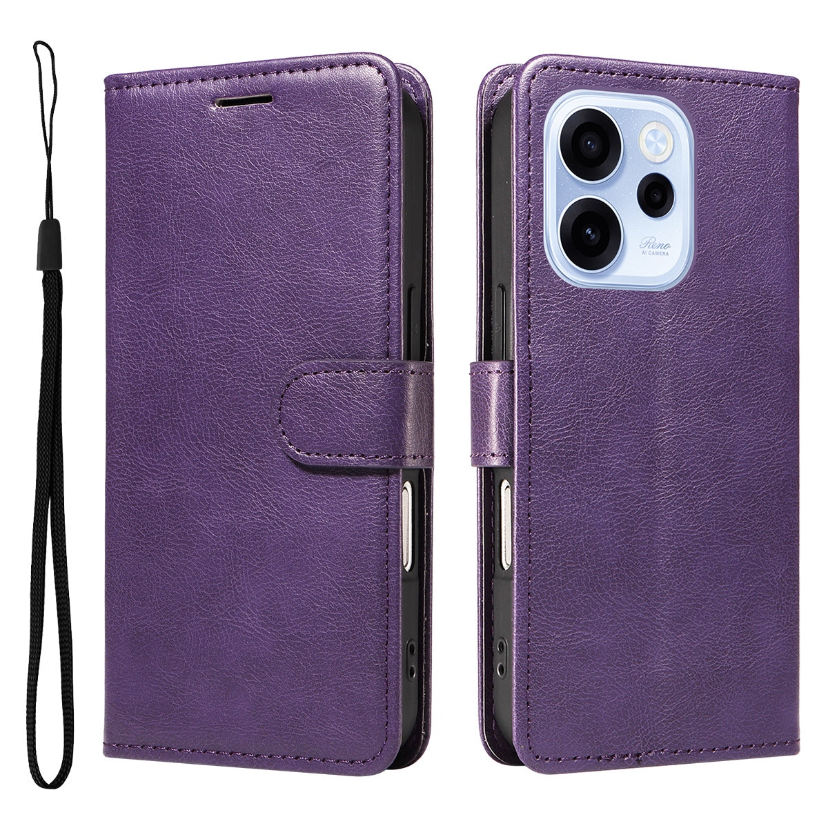 For Oppo Reno15 F 5G Leather Wallet Case with Strap Solid Color Phone Stand Cover