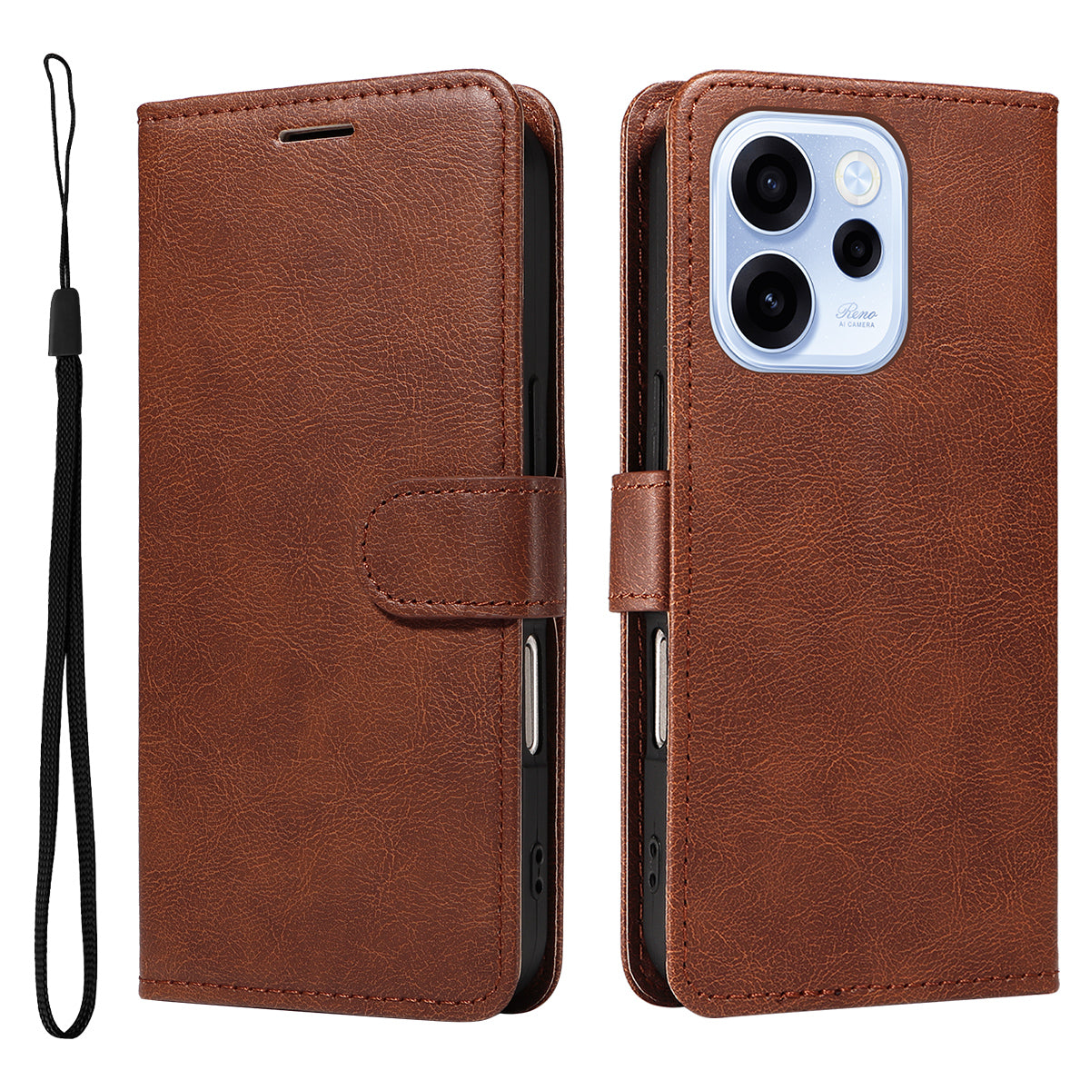 For Oppo Reno15 F 5G Leather Wallet Case with Strap Solid Color Phone Stand Cover