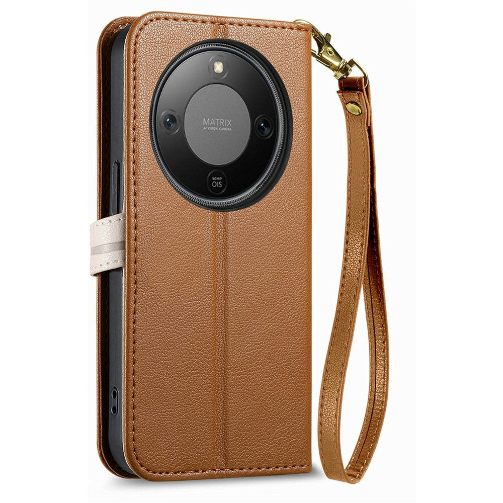 Stand Case For Honor Magic8 Lite 5G  /  X9d 5G  /  X70 5G Leaf Shape Magnetic Clasp Leather Phone Cover with Hand Strap
