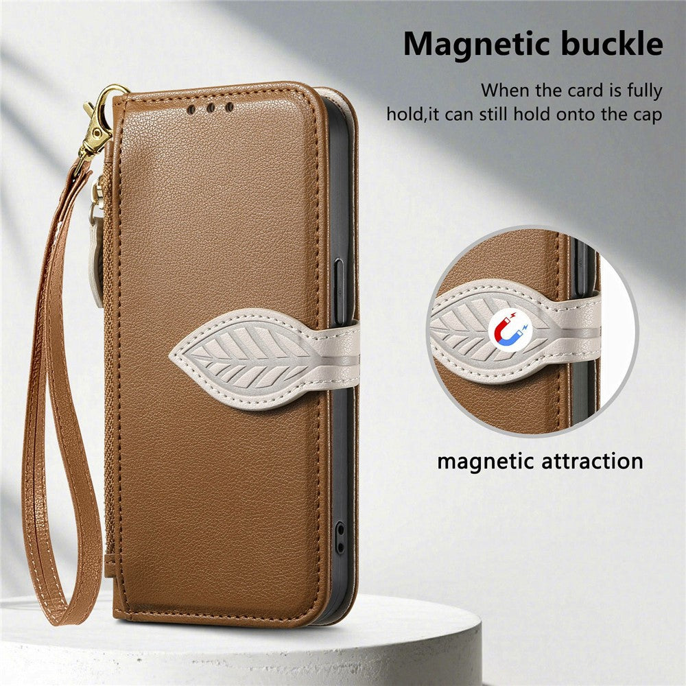 Stand Case For Honor Magic8 Lite 5G  /  X9d 5G  /  X70 5G Leaf Shape Magnetic Clasp Leather Phone Cover with Hand Strap