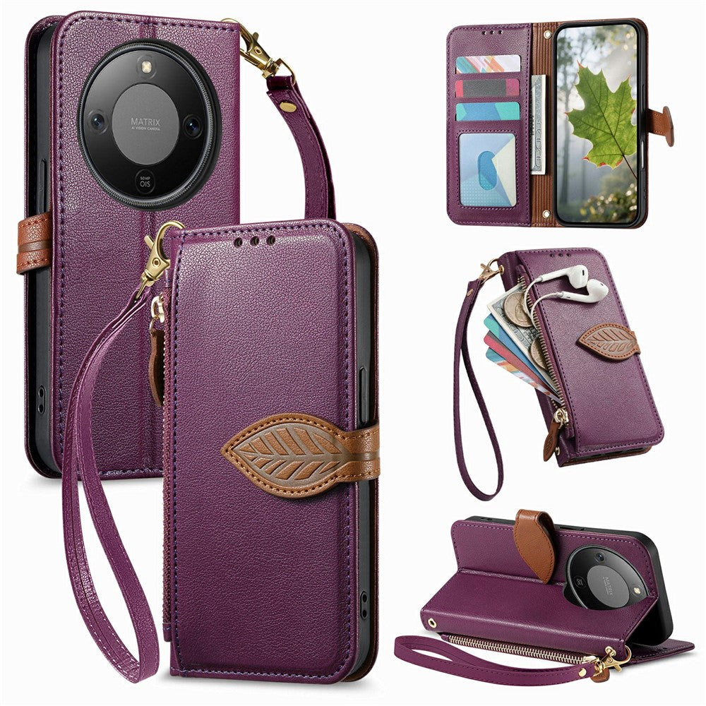 Stand Case For Honor Magic8 Lite 5G  /  X9d 5G  /  X70 5G Leaf Shape Magnetic Clasp Leather Phone Cover with Hand Strap