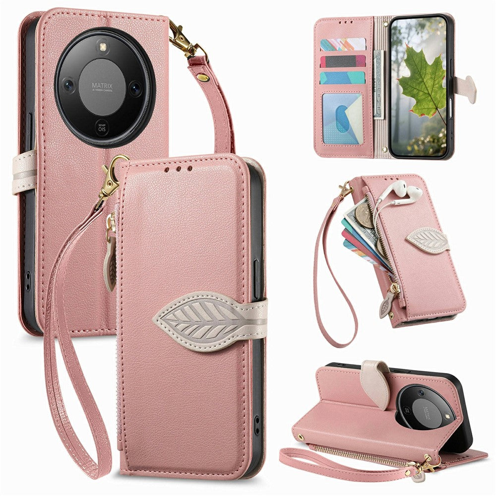 Stand Case For Honor Magic8 Lite 5G  /  X9d 5G  /  X70 5G Leaf Shape Magnetic Clasp Leather Phone Cover with Hand Strap