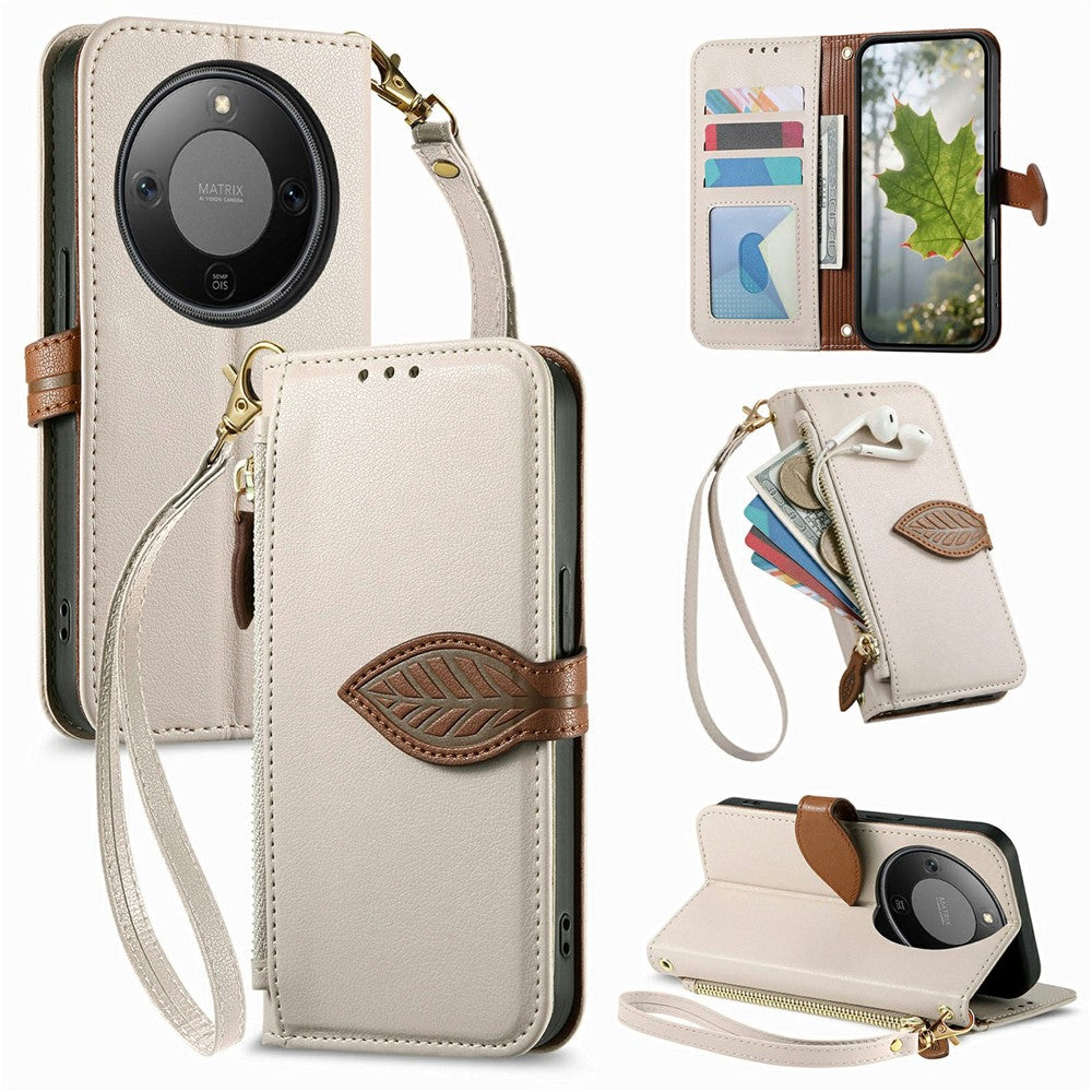 Stand Case For Honor Magic8 Lite 5G  /  X9d 5G  /  X70 5G Leaf Shape Magnetic Clasp Leather Phone Cover with Hand Strap