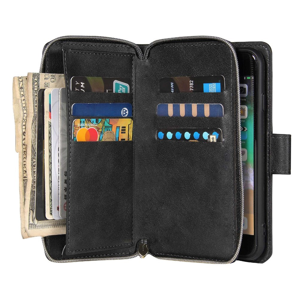 For iPhone 8 / 7 / SE (2020) / SE (2022) Ultra-thin Phone Shell PU Leather Wallet Phone Case Stand Cover with 9 Card Slots and Zipper Pocket