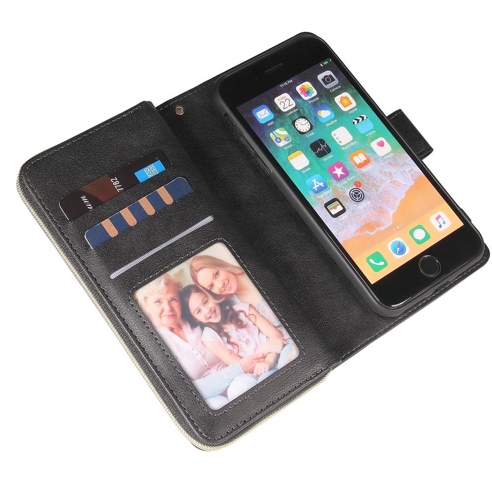 For iPhone 8 / 7 / SE (2020) / SE (2022) Ultra-thin Phone Shell PU Leather Wallet Phone Case Stand Cover with 9 Card Slots and Zipper Pocket