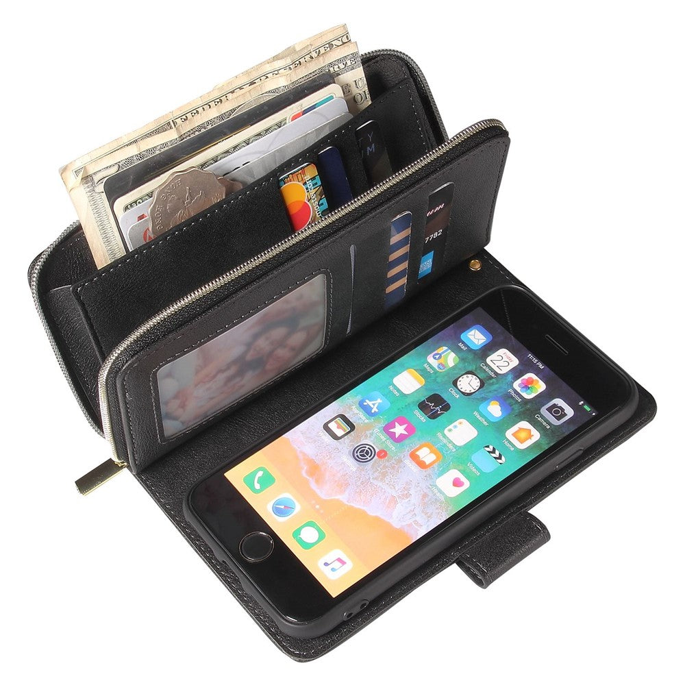 For iPhone 8 / 7 / SE (2020) / SE (2022) Ultra-thin Phone Shell PU Leather Wallet Phone Case Stand Cover with 9 Card Slots and Zipper Pocket