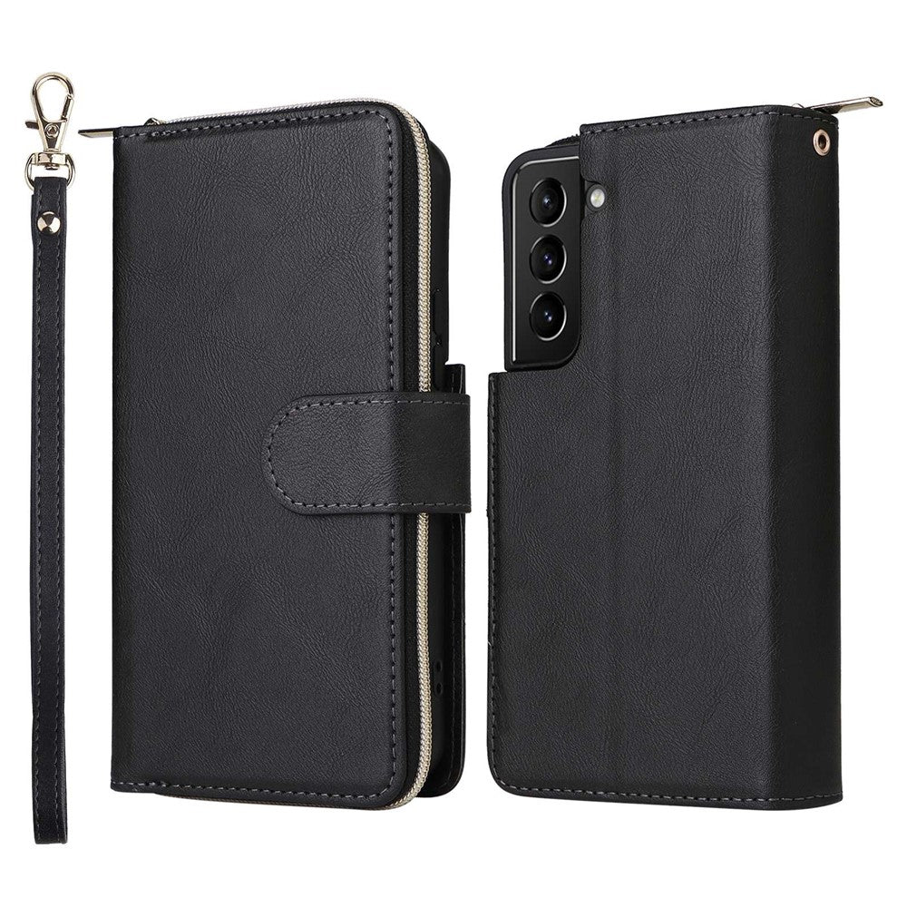 For Samsung Galaxy S22+ 5G Zipper Pocket Stand Flip Cover PU Leather Wallet Phone Case with 9 Card Slots