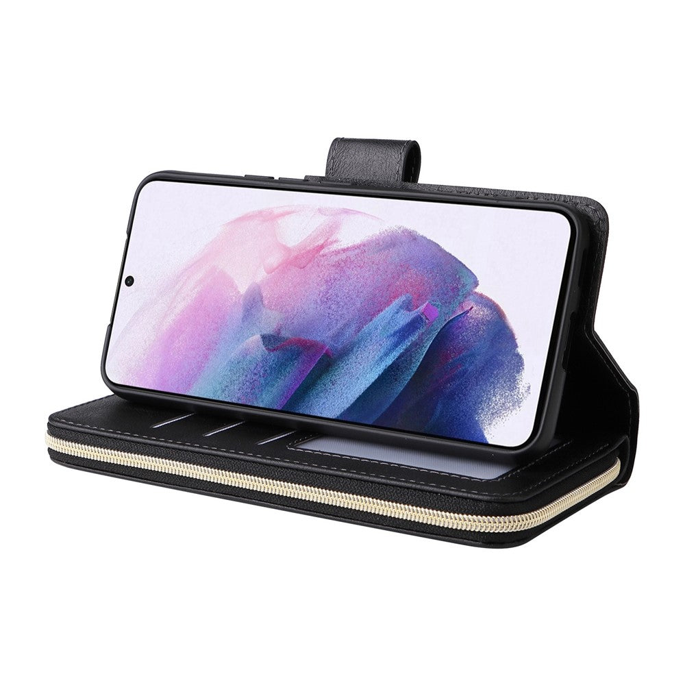 Samsung Galaxy S22+ 5G-flipcover med lynlåslomme, stativ, PU-læder og pung med 9 kortlommer