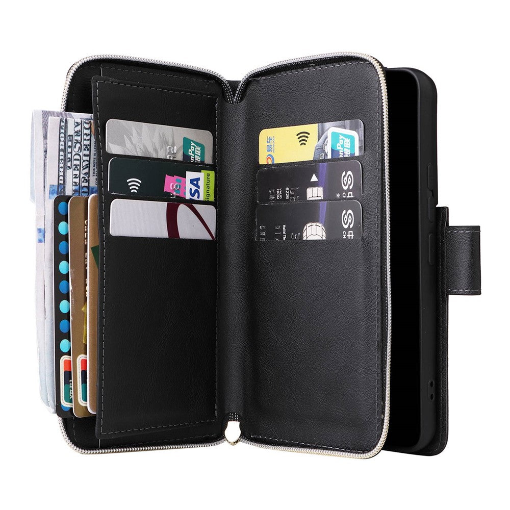 For Samsung Galaxy S22+ 5G Zipper Pocket Stand Flip Cover PU Leather Wallet Phone Case with 9 Card Slots