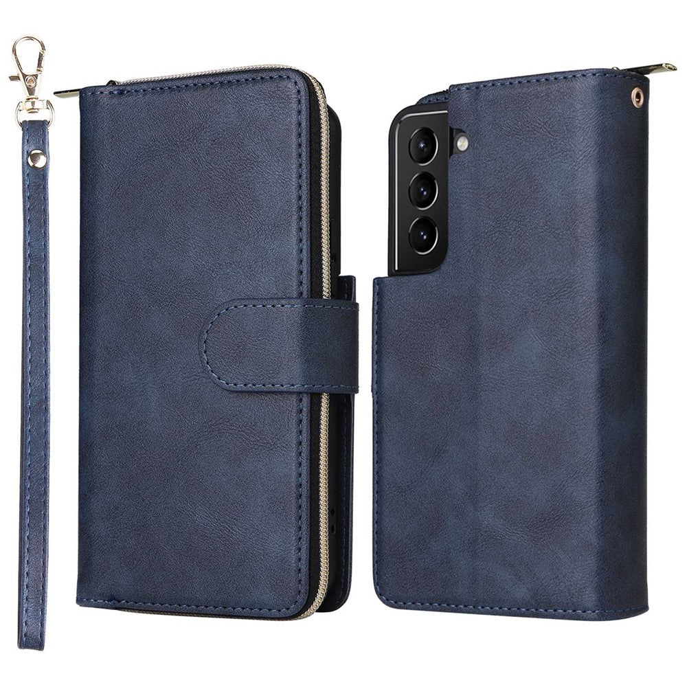 For Samsung Galaxy S22+ 5G Zipper Pocket Stand Flip Cover PU Leather Wallet Phone Case with 9 Card Slots