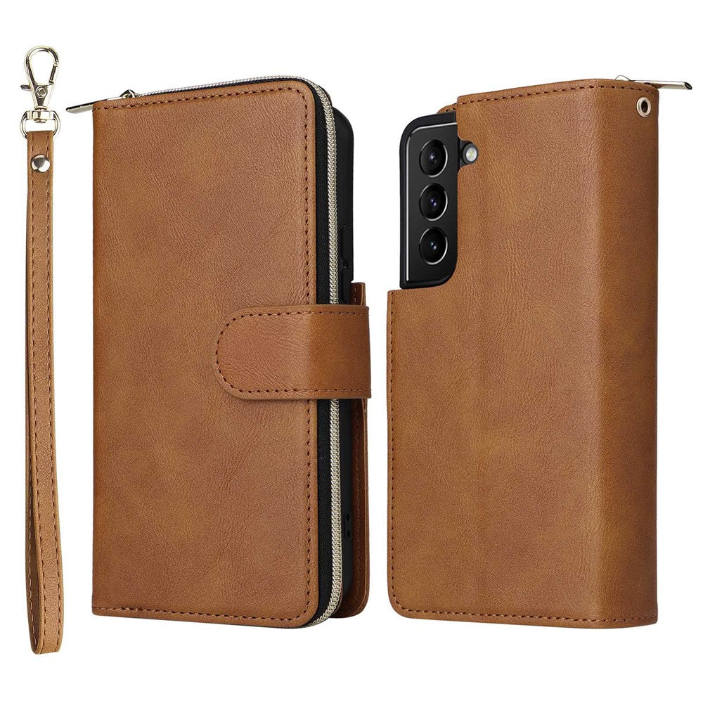 For Samsung Galaxy S22+ 5G Zipper Pocket Stand Flip Cover PU Leather Wallet Phone Case with 9 Card Slots