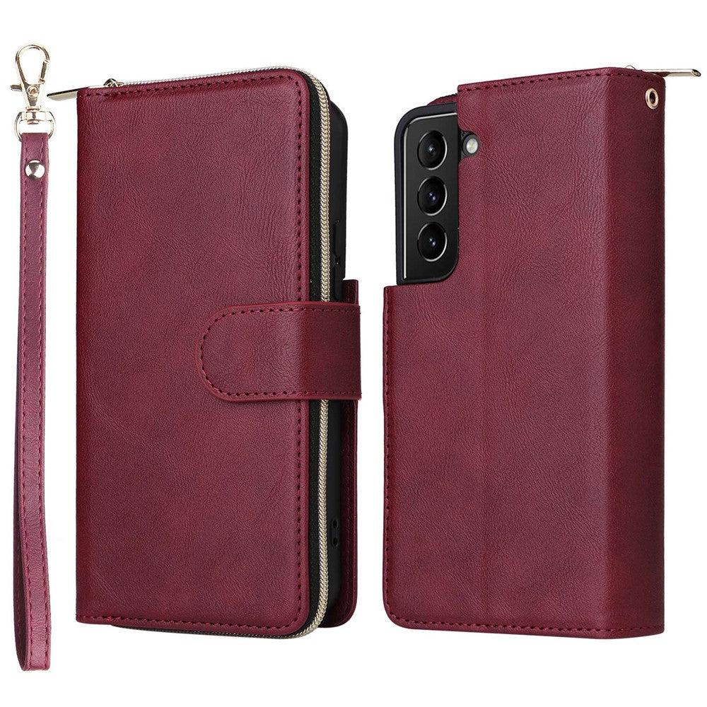 For Samsung Galaxy S22+ 5G Zipper Pocket Stand Flip Cover PU Leather Wallet Phone Case with 9 Card Slots