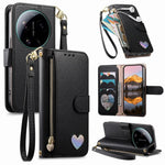 For Xiaomi 17 Ultra 5G Case Zipper Wallet Stand Heart Pattern PU Leather Phone Cover with Wrist Strap