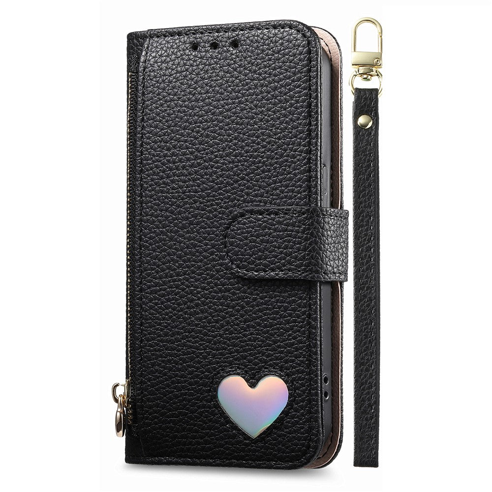 For Xiaomi 17 Ultra 5G Case Zipper Wallet Stand Heart Pattern PU Leather Phone Cover with Wrist Strap