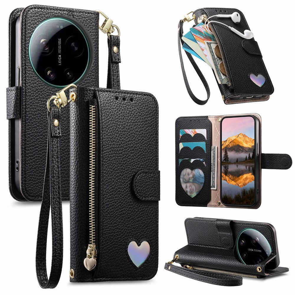 For Xiaomi 17 Ultra 5G Case Zipper Wallet Stand Heart Pattern PU Leather Phone Cover with Wrist Strap