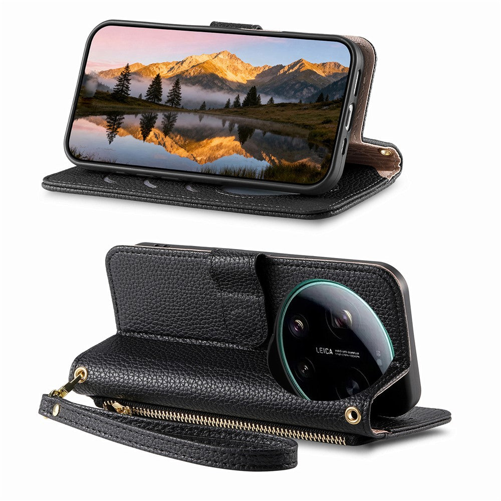 For Xiaomi 17 Ultra 5G Case Zipper Wallet Stand Heart Pattern PU Leather Phone Cover with Wrist Strap