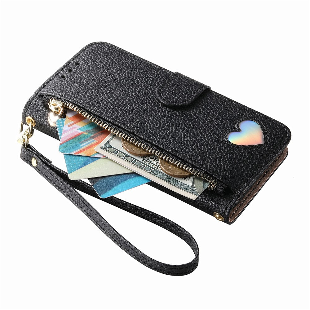 For Xiaomi 17 Ultra 5G Case Zipper Wallet Stand Heart Pattern PU Leather Phone Cover with Wrist Strap