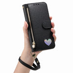 For Xiaomi 17 Ultra 5G Case Zipper Wallet Stand Heart Pattern PU Leather Phone Cover with Wrist Strap