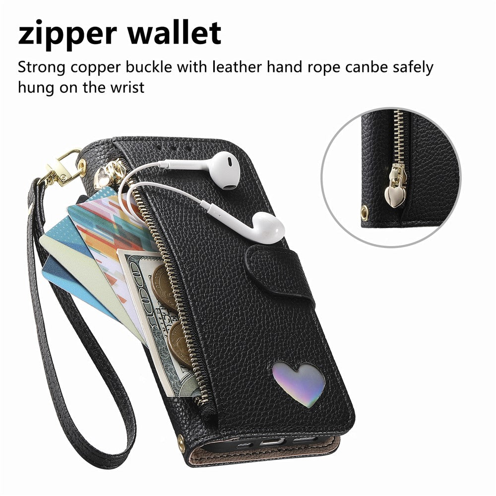 For Xiaomi 17 Ultra 5G Case Zipper Wallet Stand Heart Pattern PU Leather Phone Cover with Wrist Strap