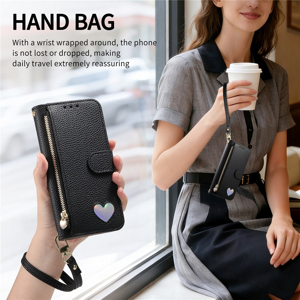 For Xiaomi 17 Ultra 5G Case Zipper Wallet Stand Heart Pattern PU Leather Phone Cover with Wrist Strap