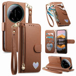 For Xiaomi 17 Ultra 5G Case Zipper Wallet Stand Heart Pattern PU Leather Phone Cover with Wrist Strap