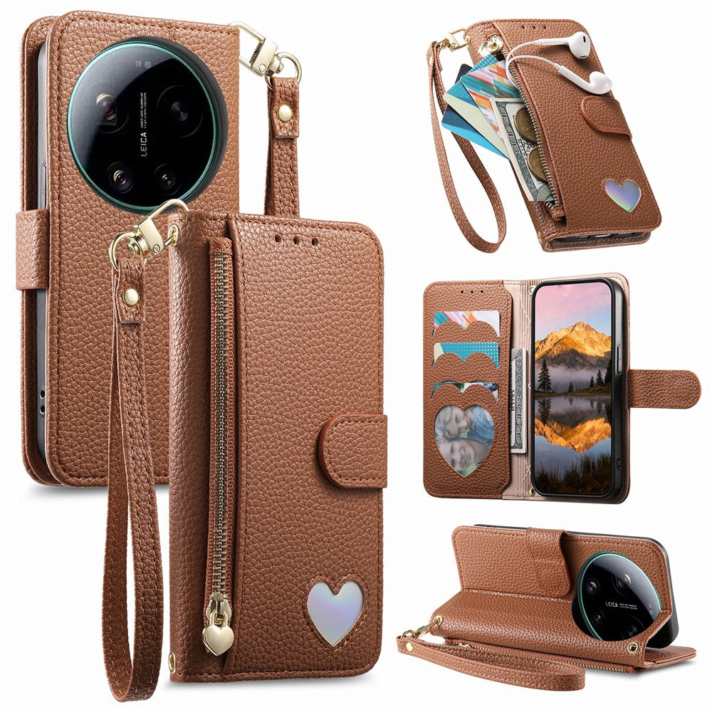 For Xiaomi 17 Ultra 5G Case Zipper Wallet Stand Heart Pattern PU Leather Phone Cover with Wrist Strap