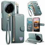 For Xiaomi 17 Ultra 5G Case Zipper Wallet Stand Heart Pattern PU Leather Phone Cover with Wrist Strap