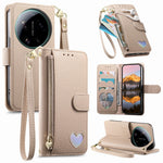 For Xiaomi 17 Ultra 5G Case Zipper Wallet Stand Heart Pattern PU Leather Phone Cover with Wrist Strap