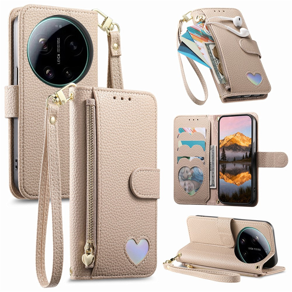 For Xiaomi 17 Ultra 5G Case Zipper Wallet Stand Heart Pattern PU Leather Phone Cover with Wrist Strap